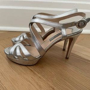 Prada metallic cage sandal silver